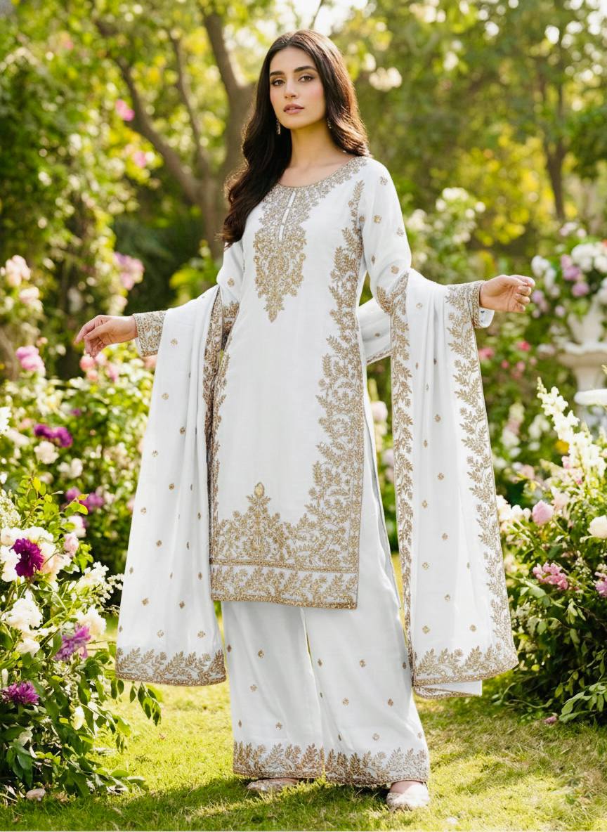 Zari Embroidered Silk Palazzo Suit with Heavy Border Dupatta