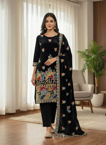 Royal Black Embroidery Work Kurta Pant Dupatta Set