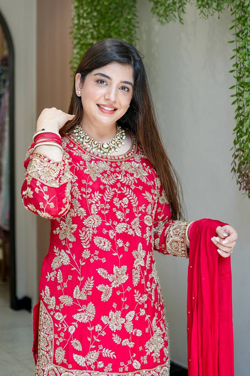 Premium Red Ethnic Embroidered Kurta Sharara