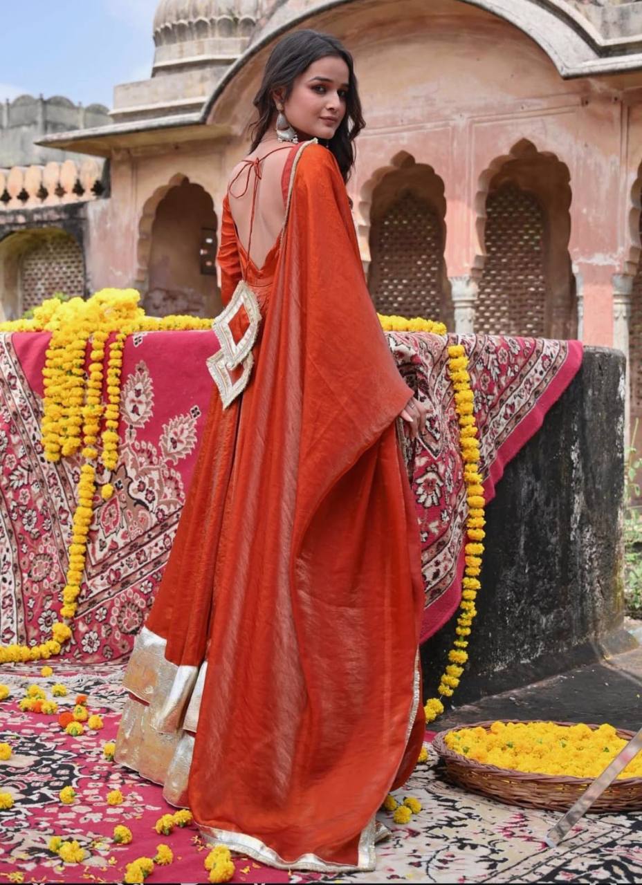 Rust Orange Silk Anarkali Suit with Gold Border Dupatta