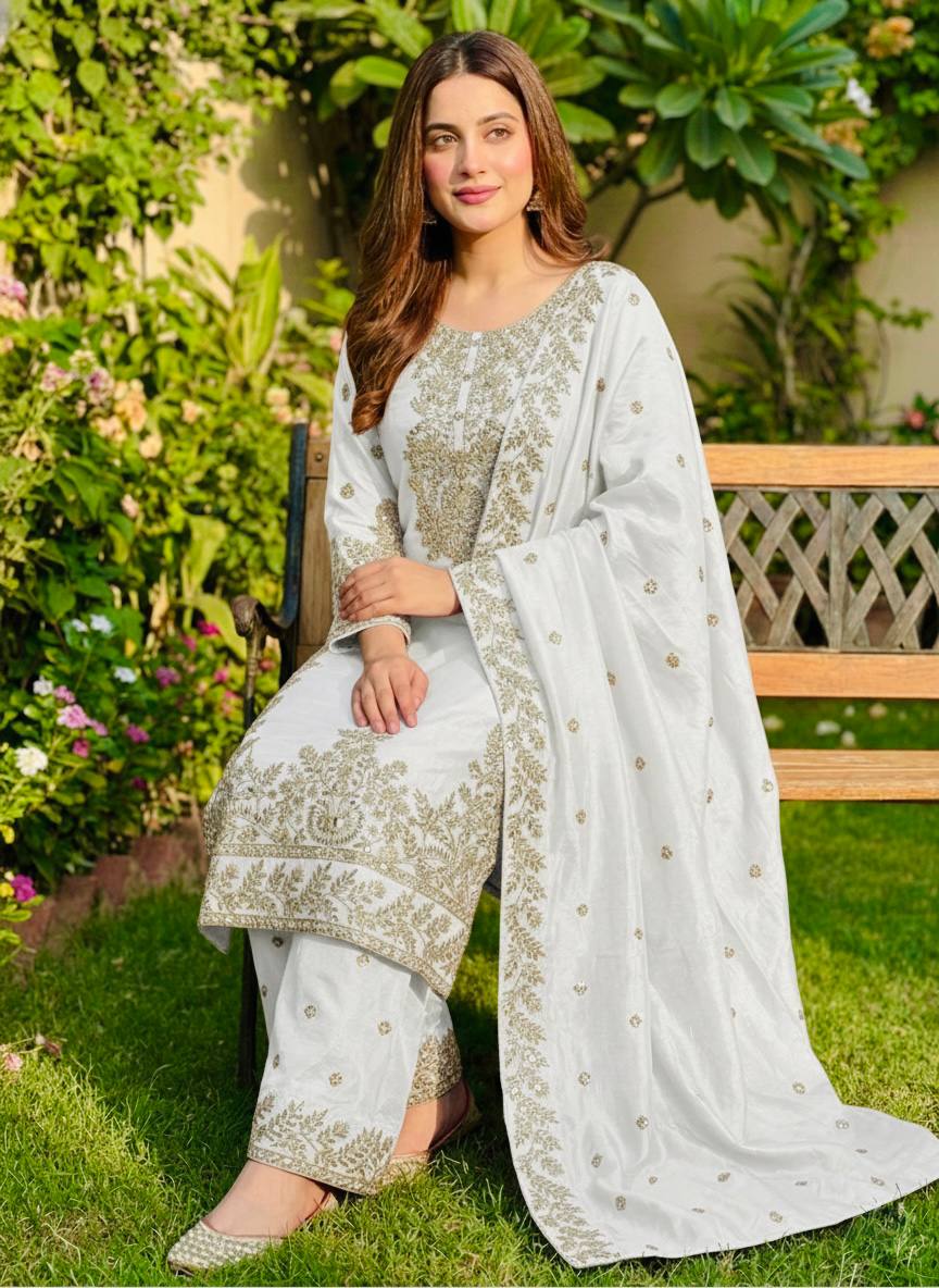 Zari Embroidered Silk Palazzo Suit with Heavy Border Dupatta