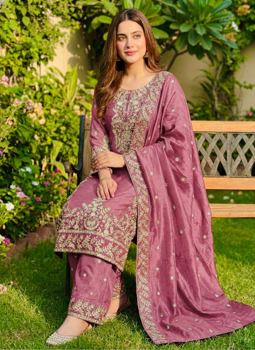 Zari Embroidered Silk Palazzo Suit with Heavy Border Dupatta