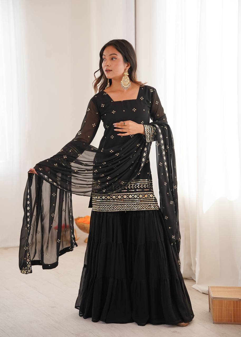 Classic Black Ethnic Kurta Sharara Ensemble