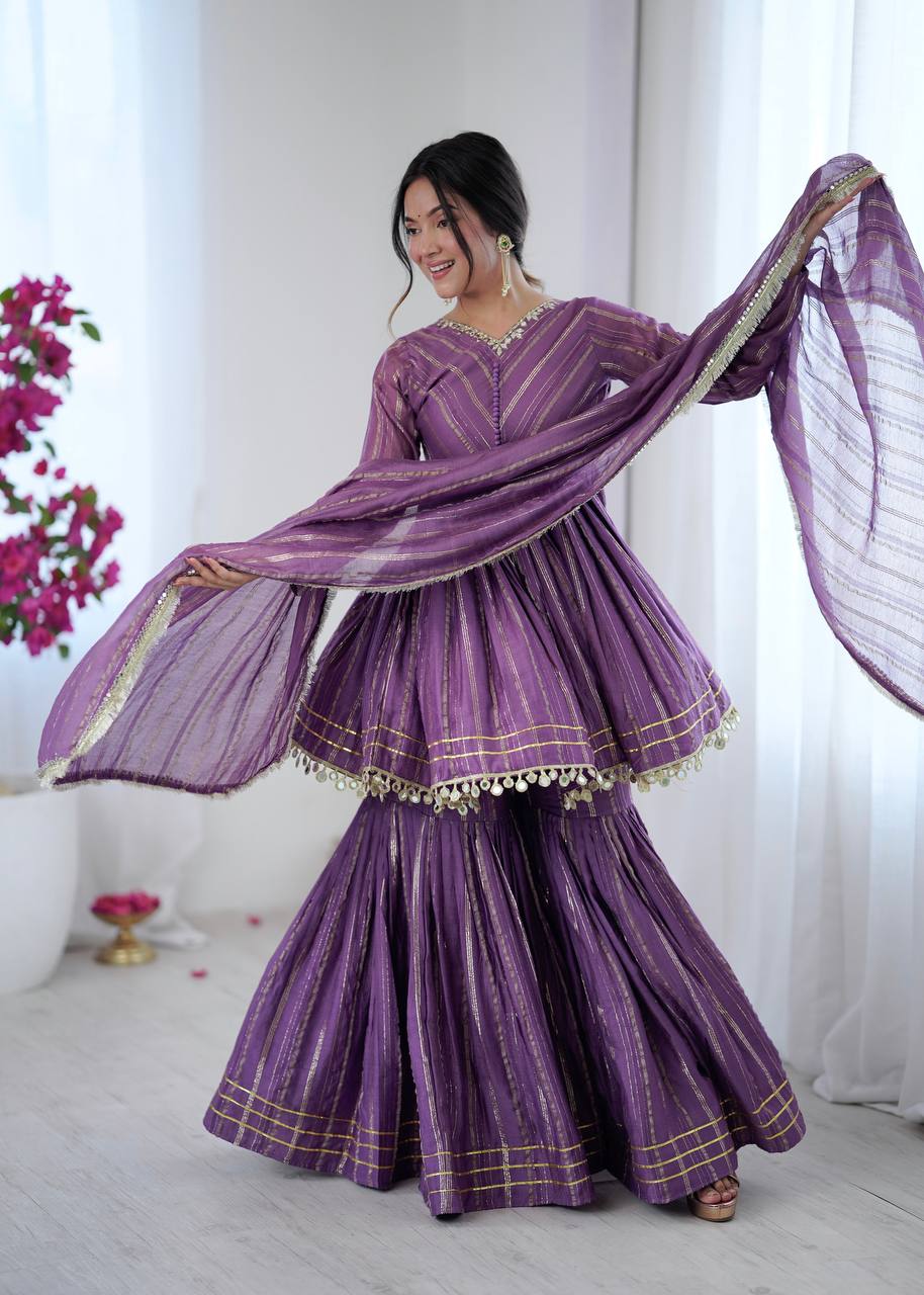 Festive Wear Gold-Stripe Kurta Sharara Set