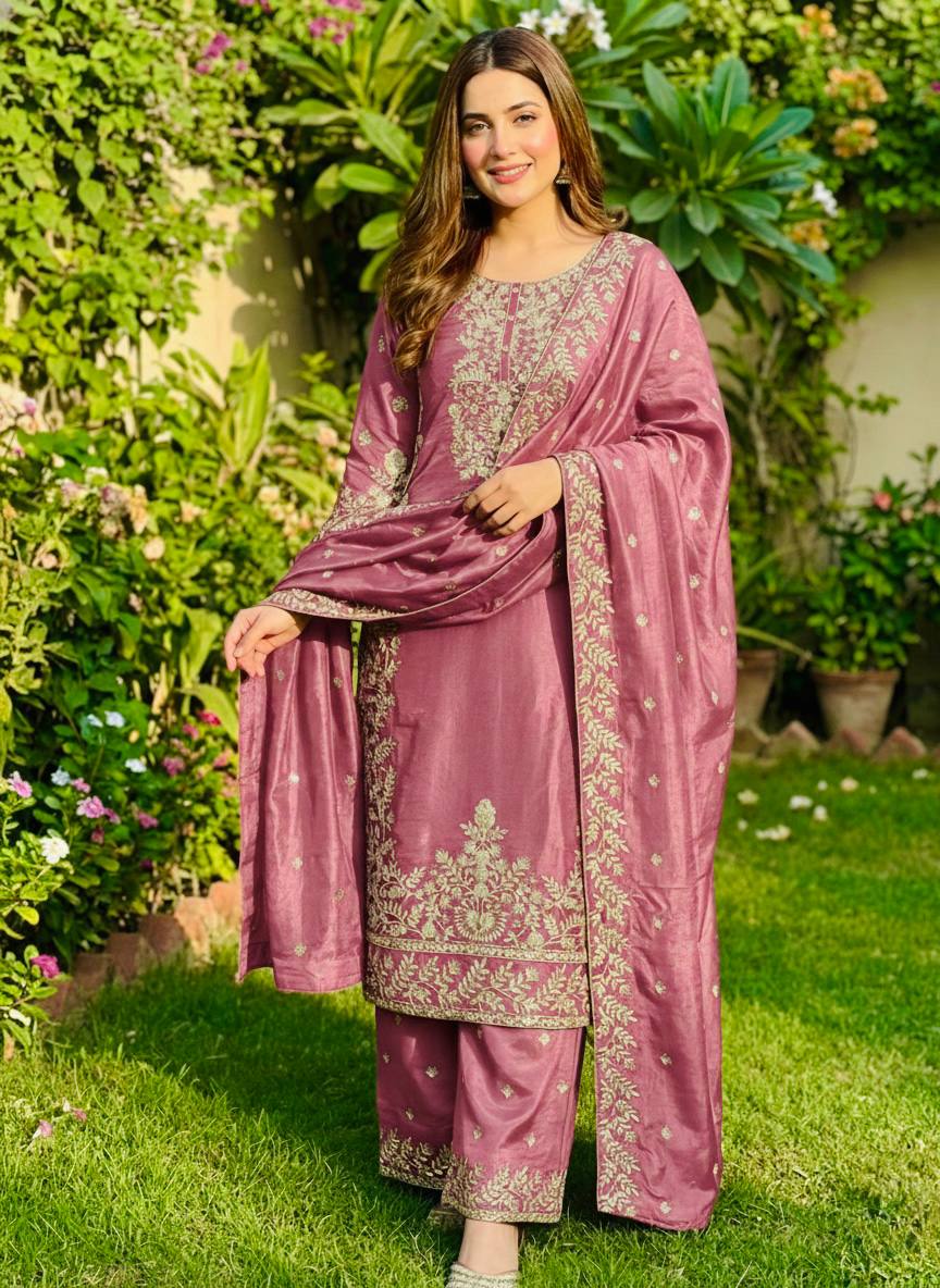 Zari Embroidered Silk Palazzo Suit with Heavy Border Dupatta