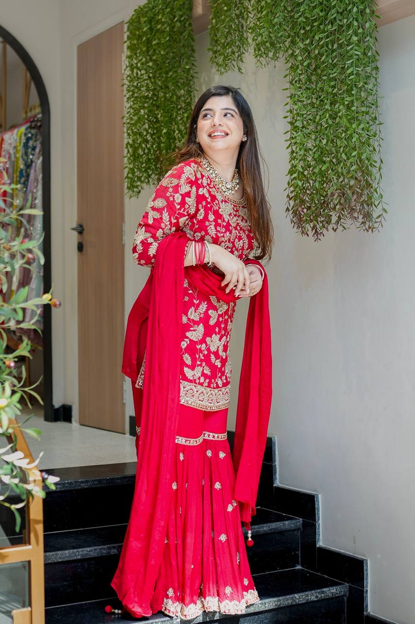 Premium Red Ethnic Embroidered Kurta Sharara