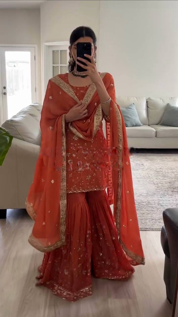 Rust Orange Embroidered Sharara Suit with Dupatta