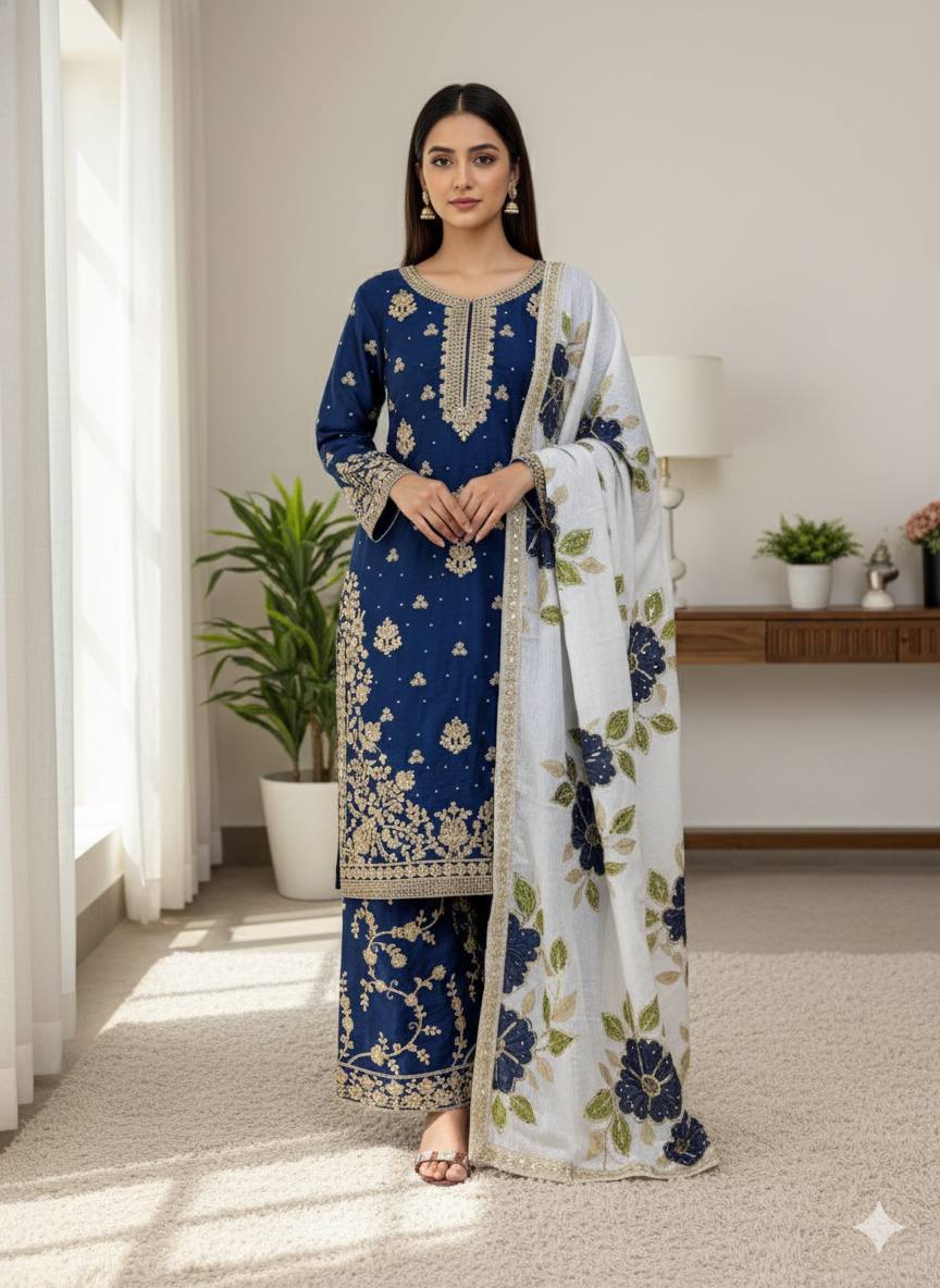 Embroidered Straight Kurta Set with Matching Dupatta