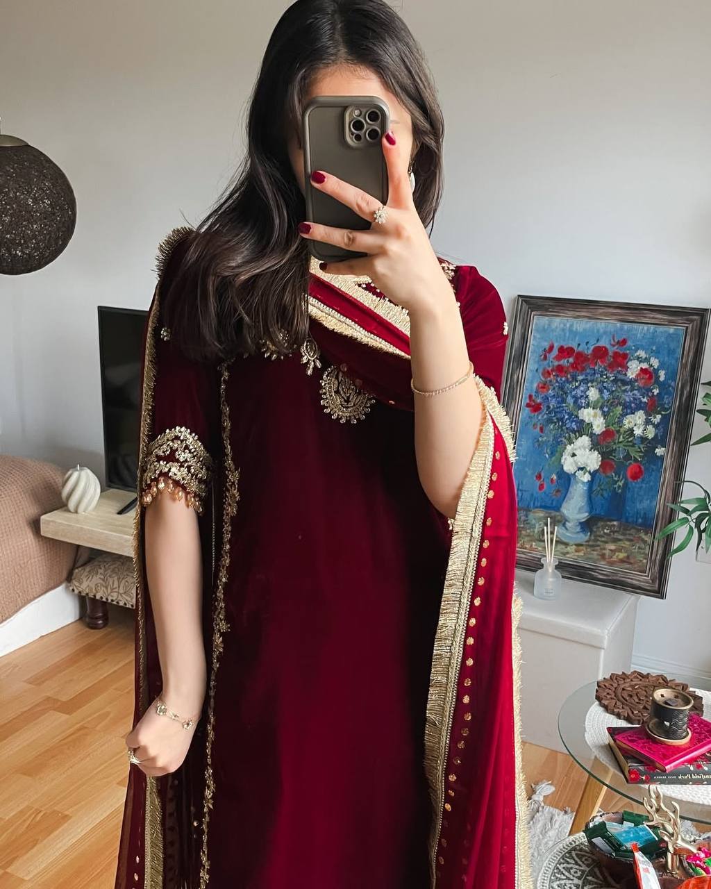 Classic Maroon Velvet Party Wear Kurta Set