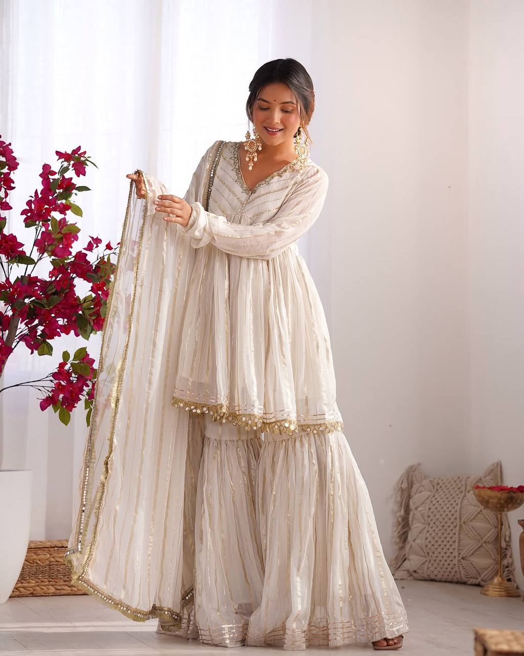 Festive Wear Gold-Stripe Kurta Sharara Set