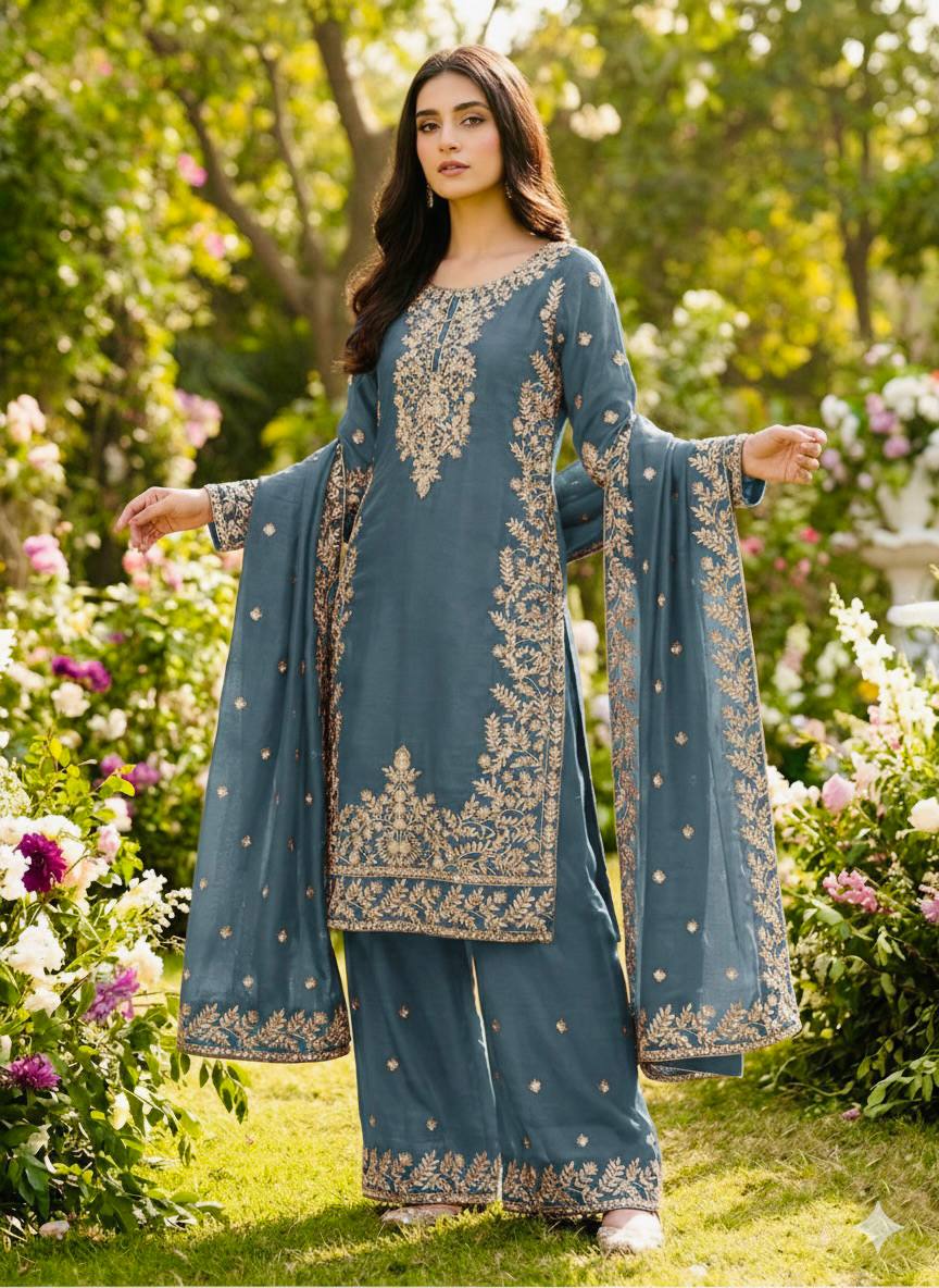 Zari Embroidered Silk Palazzo Suit with Heavy Border Dupatta
