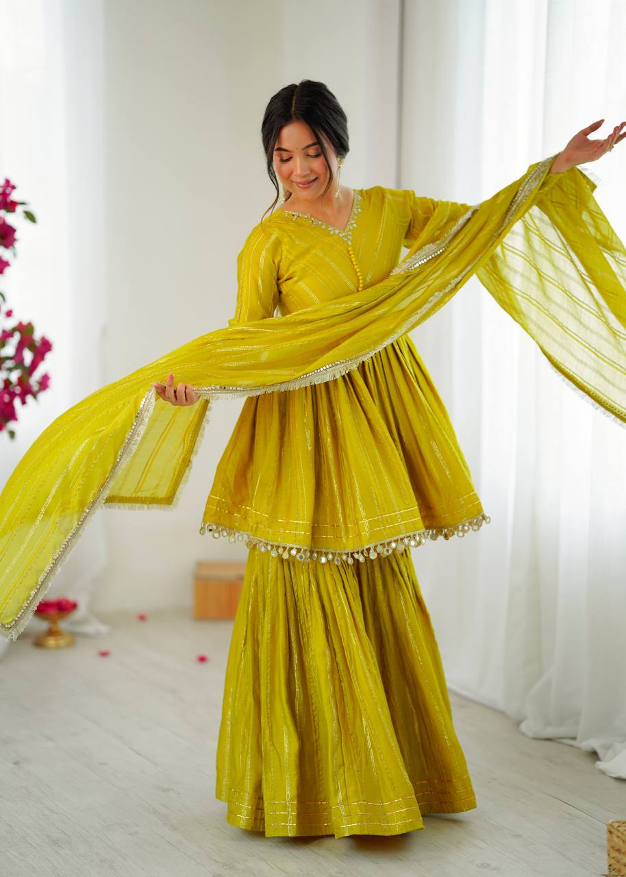 Festive Wear Gold-Stripe Kurta Sharara Set