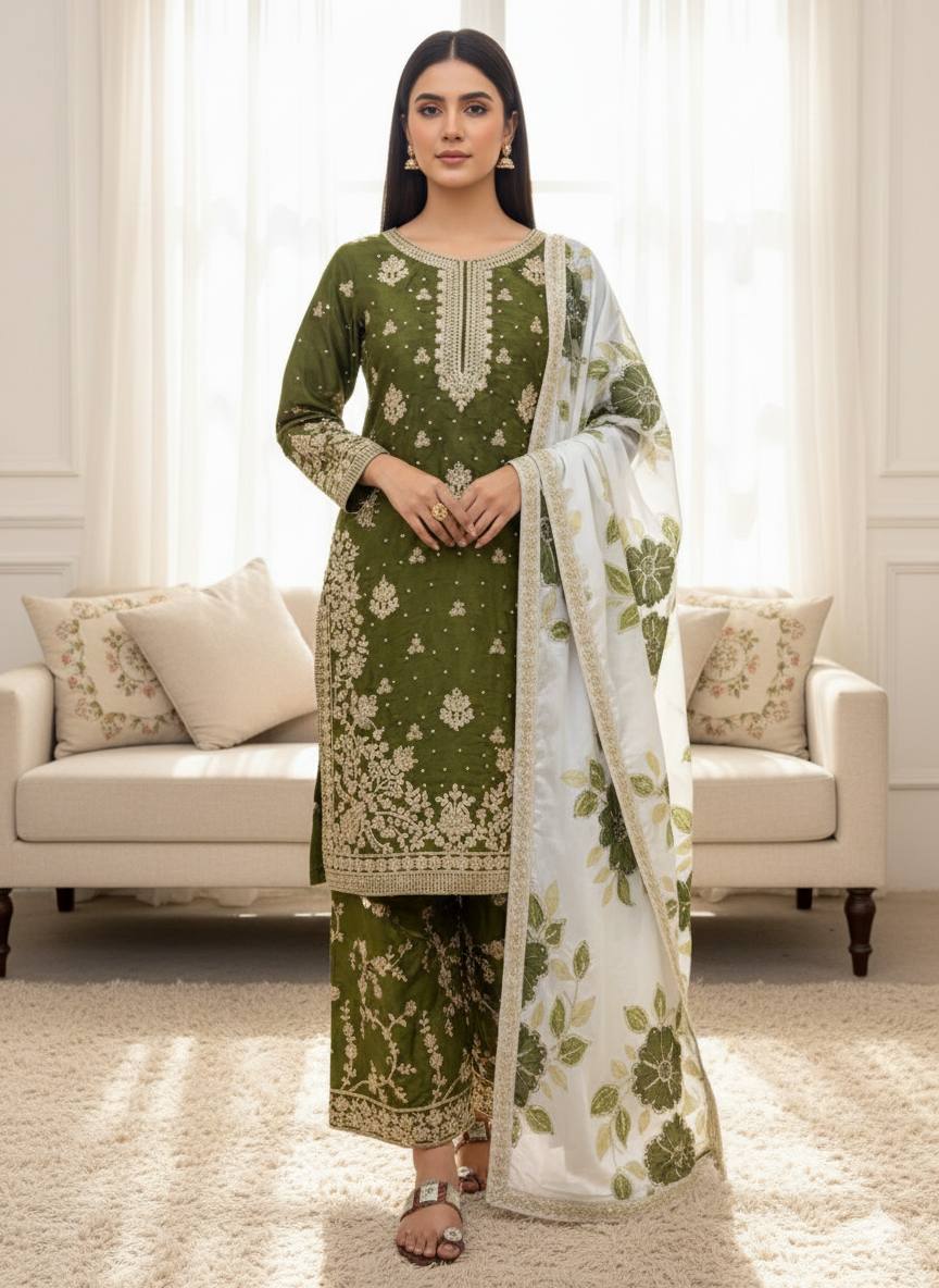 Embroidered Straight Kurta Set with Matching Dupatta