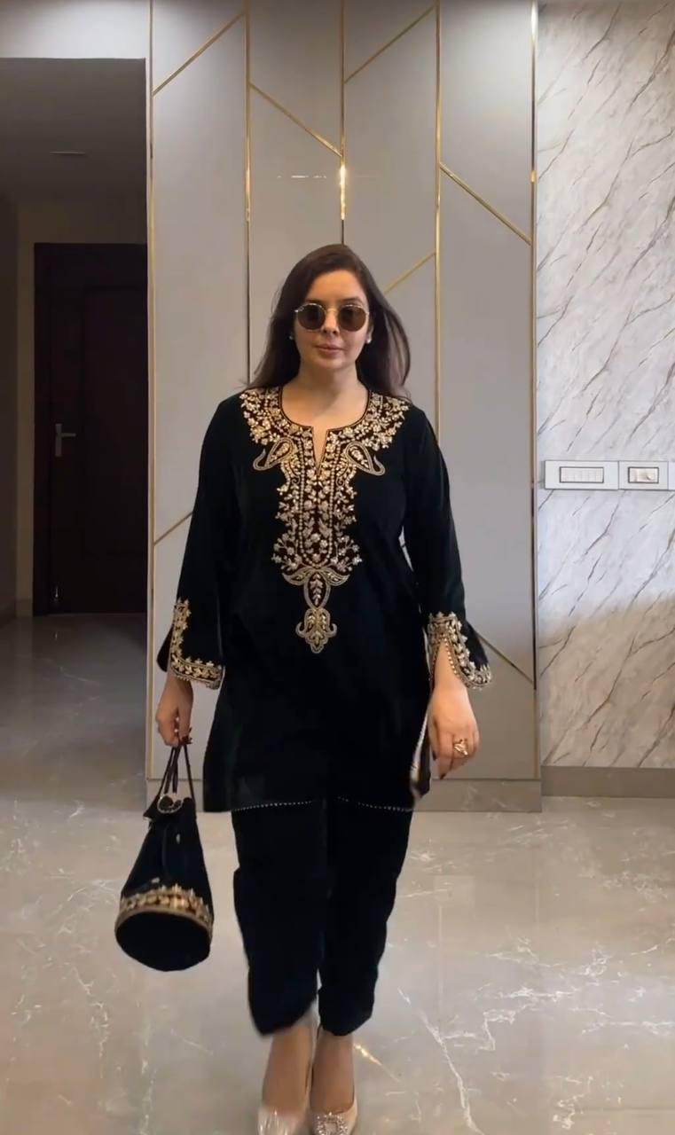 Velvet Embroidered Kurti Pant Set