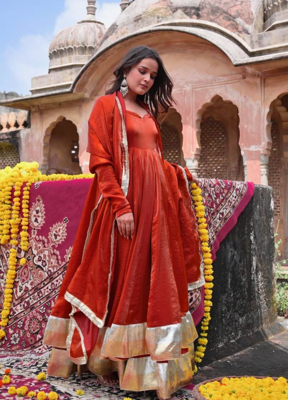 Rust Orange Silk Anarkali Suit with Gold Border Dupatta