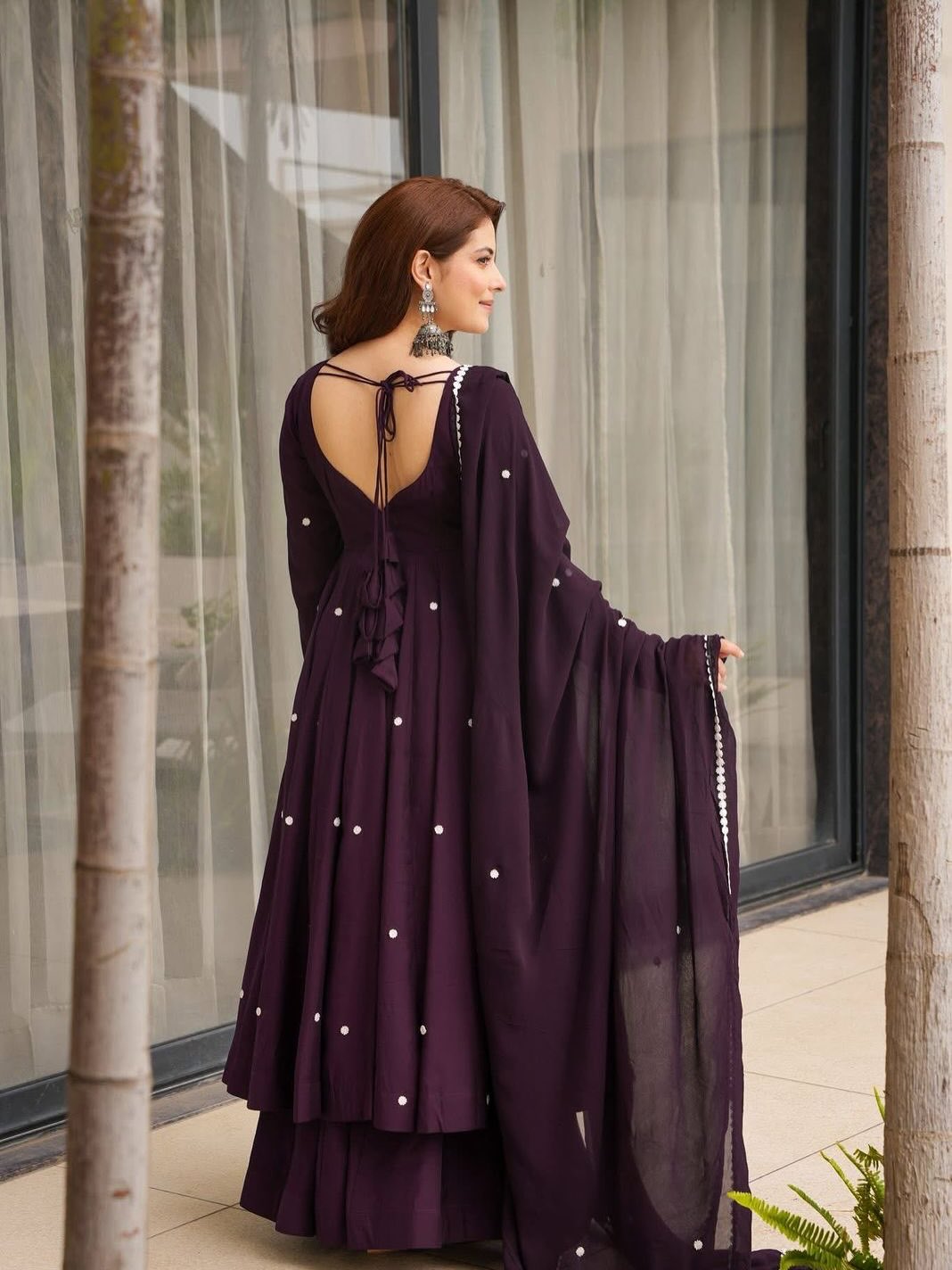 Wine Purple Embroidered Anarkali Gown Set