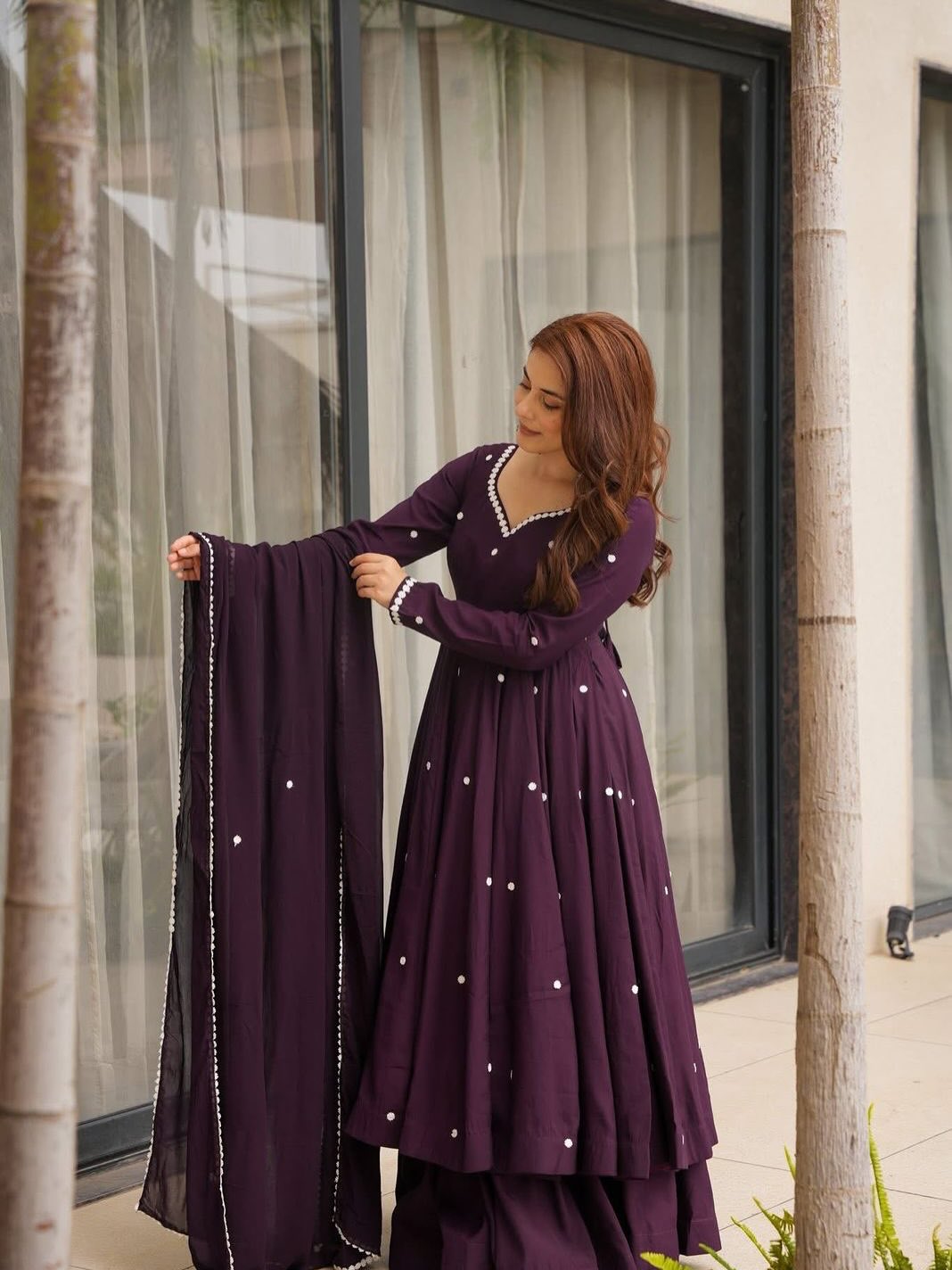 Wine Purple Embroidered Anarkali Gown Set