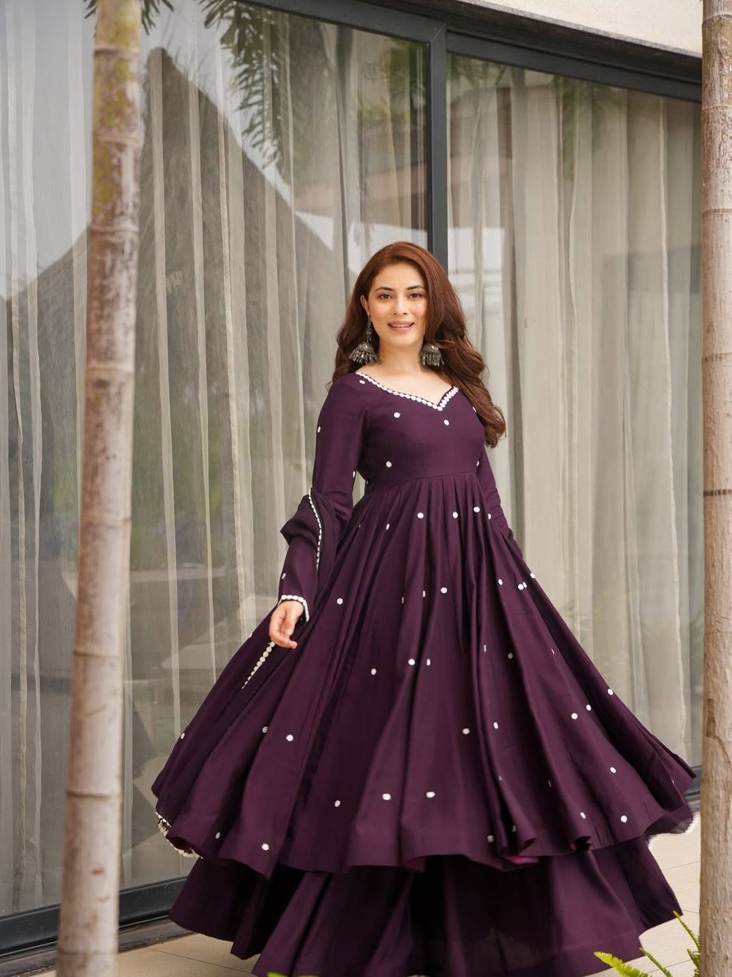 Wine Purple Embroidered Anarkali Gown Set