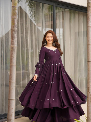 Wine Purple Embroidered Anarkali Gown Set