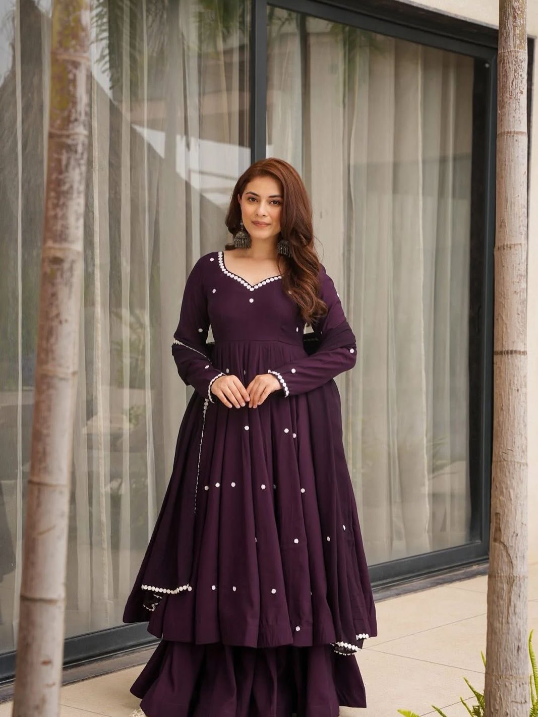 Wine Purple Embroidered Anarkali Gown Set