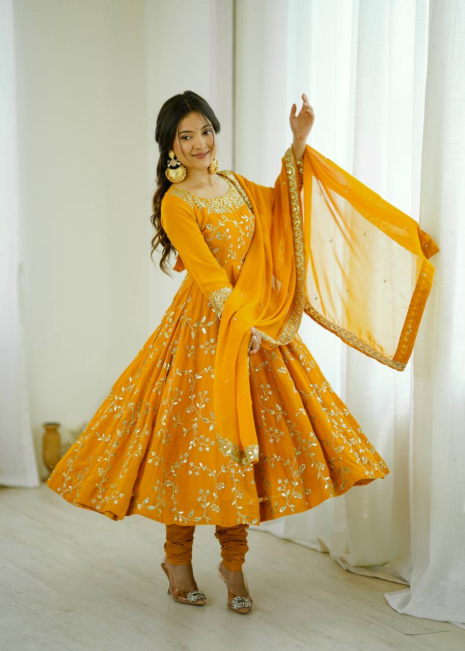 Ethnic Floral Print & Embroidery Anarkali Suit