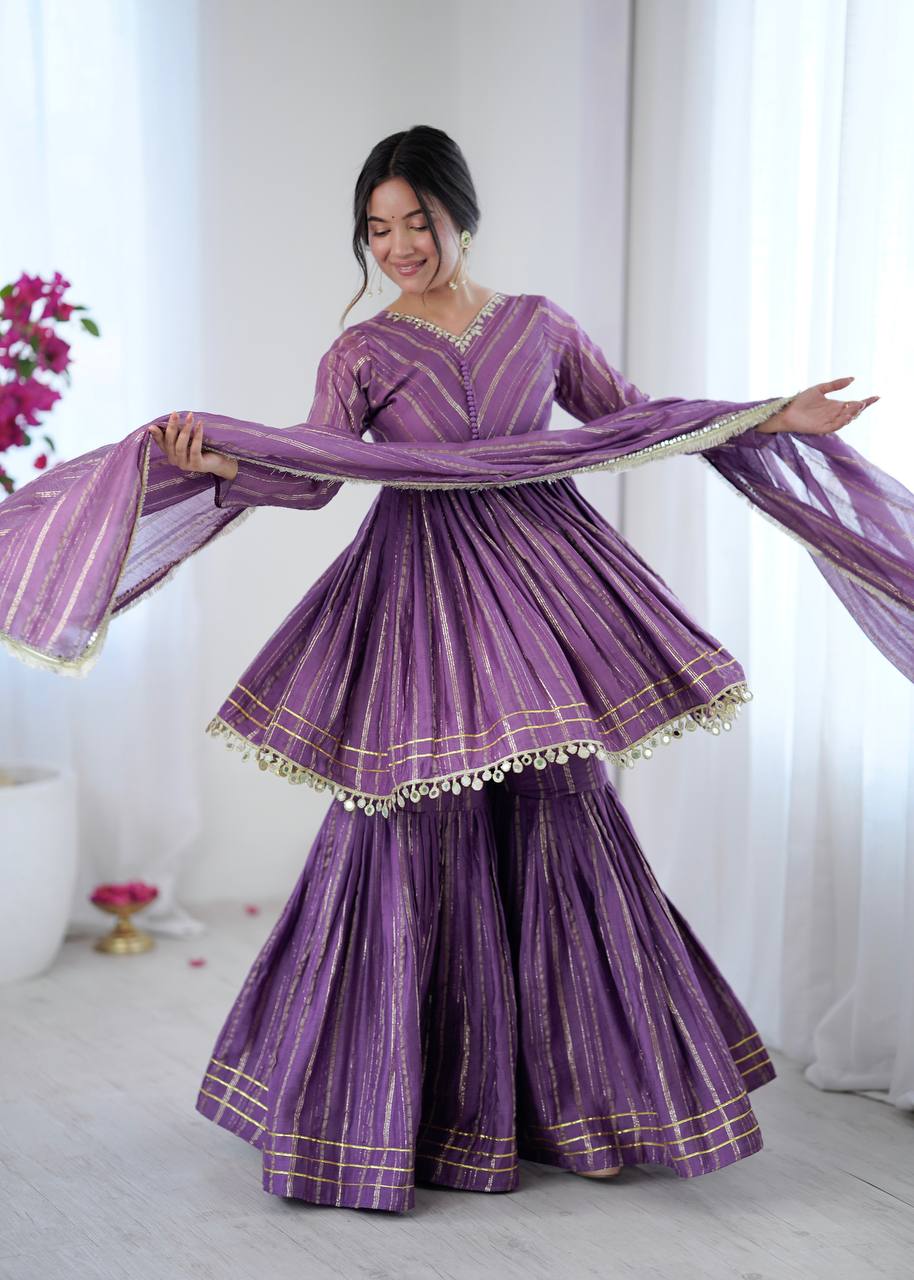 Festive Wear Gold-Stripe Kurta Sharara Set