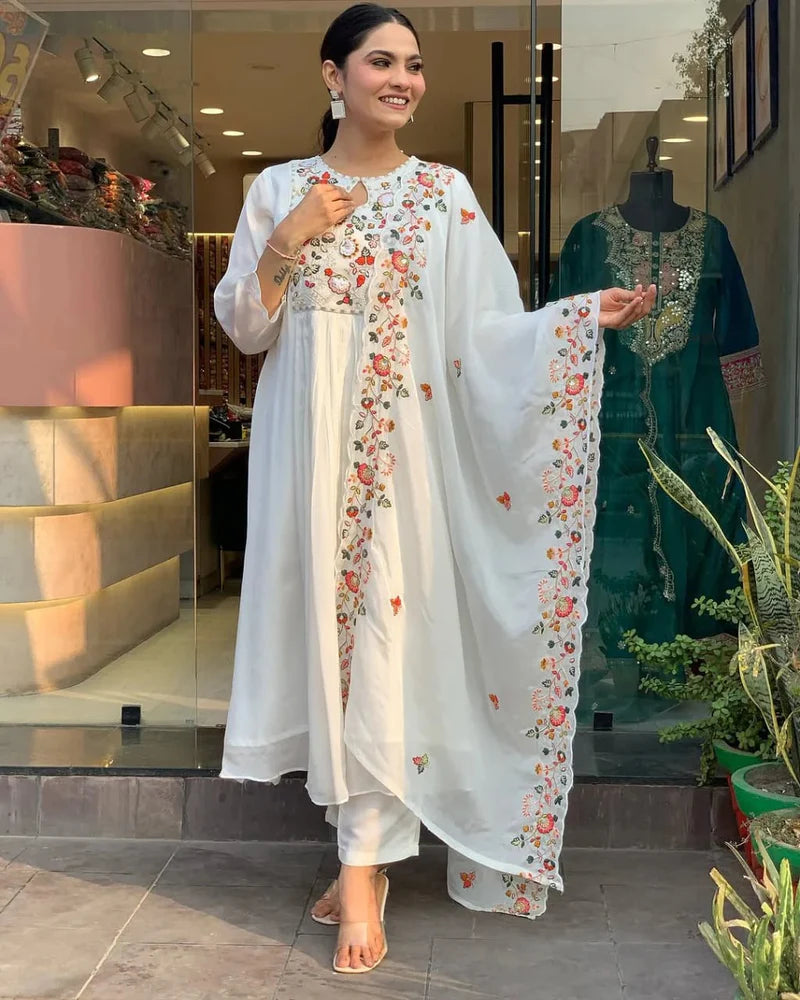 Elegant Embroidered White Anarkali Kurta Set