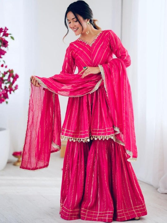 Festive Wear Gold-Stripe Kurta Sharara Set