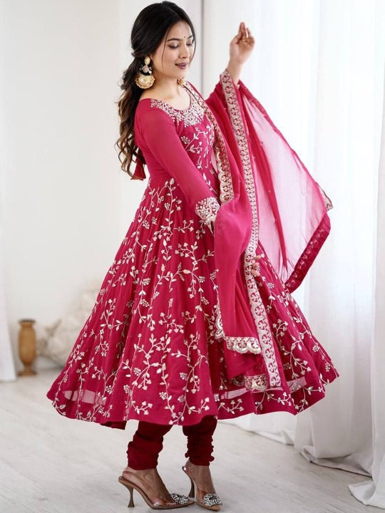 Ethnic Floral Print & Embroidery Anarkali Suit