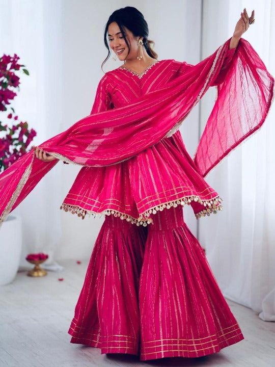 Festive Wear Gold-Stripe Kurta Sharara Set