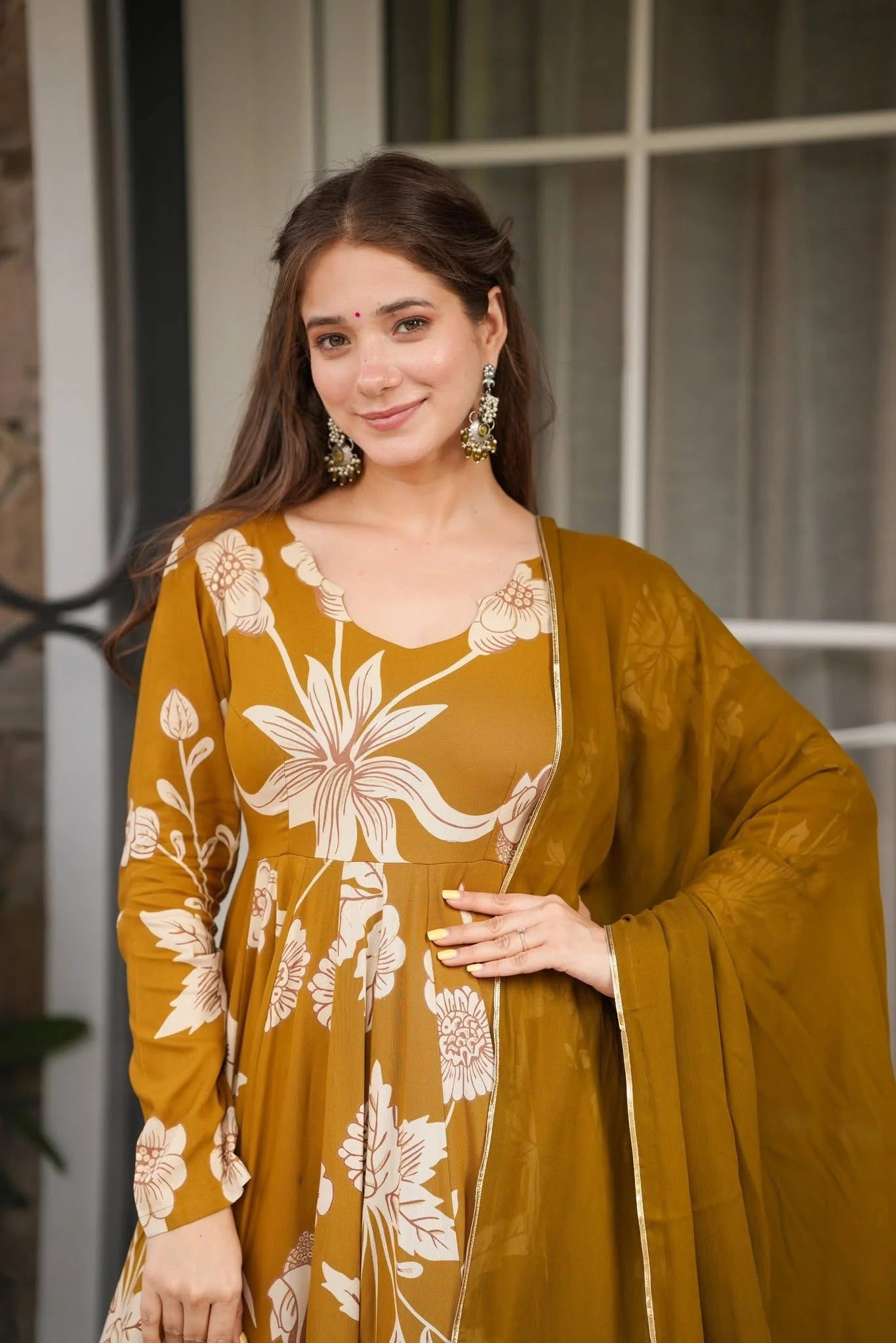 Ethnic Mustard Floral Flared Anarkali Kurta Set
