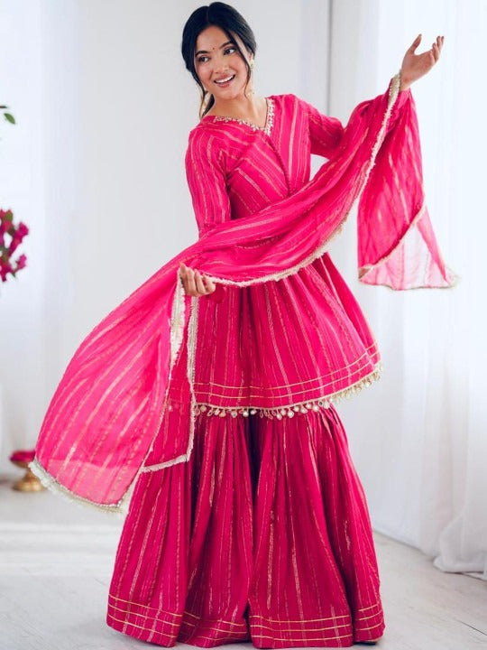 Festive Wear Gold-Stripe Kurta Sharara Set