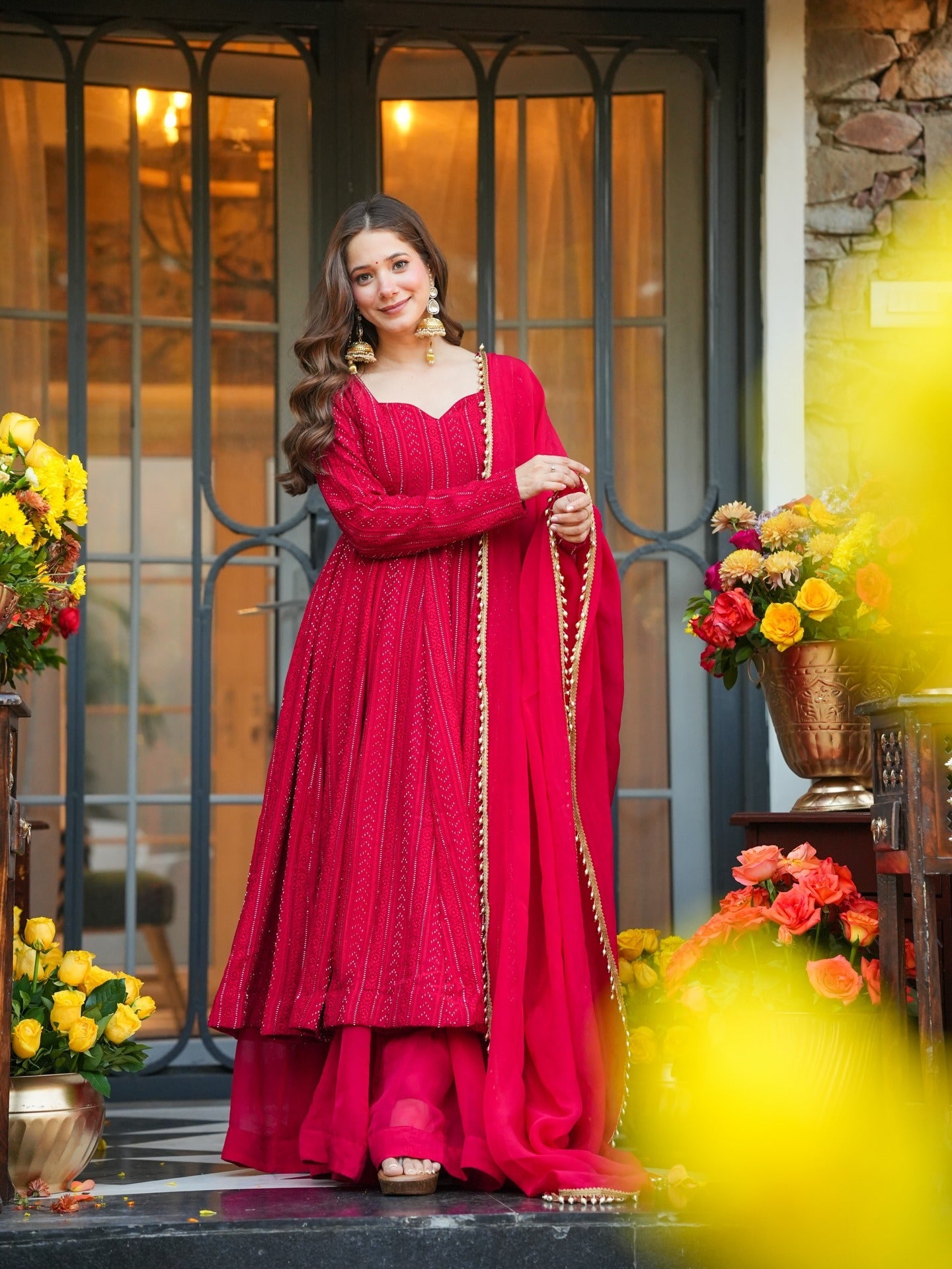 Royal Ruby Red Embroidered Anarkali Set