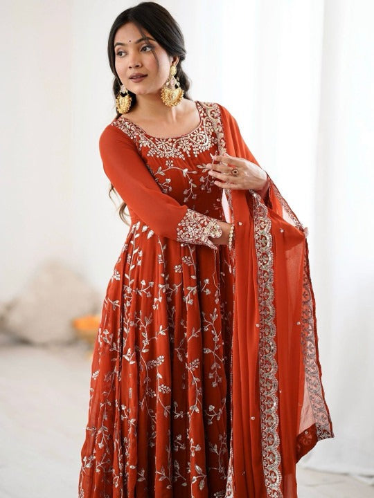 Ethnic Floral Print & Embroidery Anarkali Suit