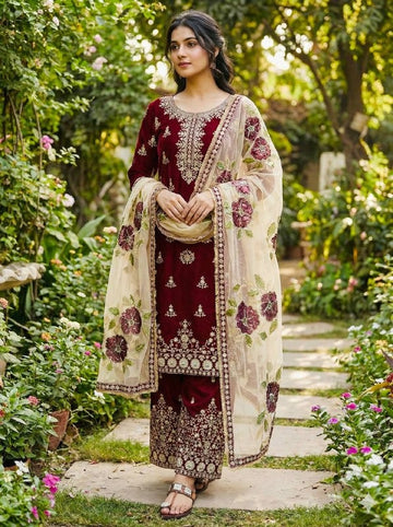 Royal Maroon Embroidered Kurta Palazzo Set