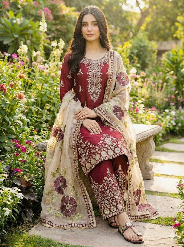 Royal Maroon Embroidered Kurta Palazzo Set
