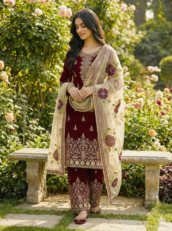 Royal Maroon Embroidered Kurta Palazzo Set