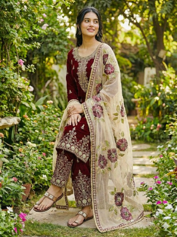 Royal Maroon Embroidered Kurta Palazzo Set
