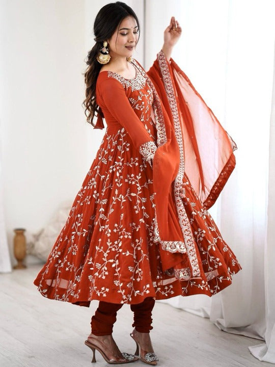 Ethnic Floral Print & Embroidery Anarkali Suit