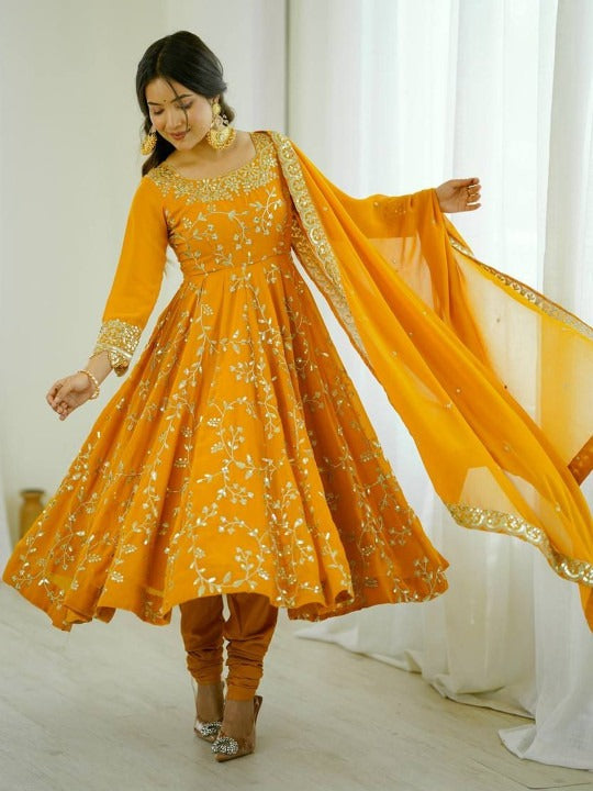Ethnic Floral Print & Embroidery Anarkali Suit