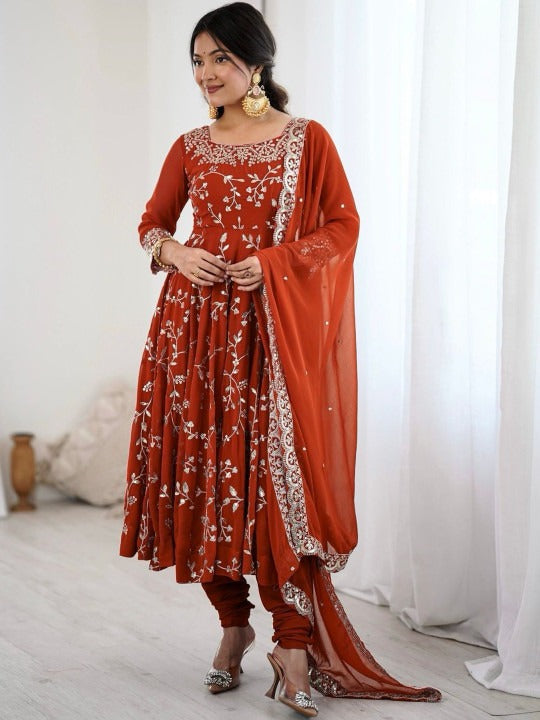 Ethnic Floral Print & Embroidery Anarkali Suit