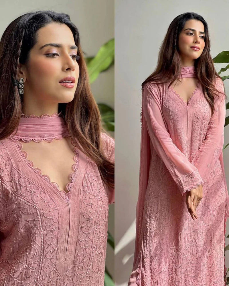 Trending faux georgette top cotton thread embroidered work and work plazo with dupatta