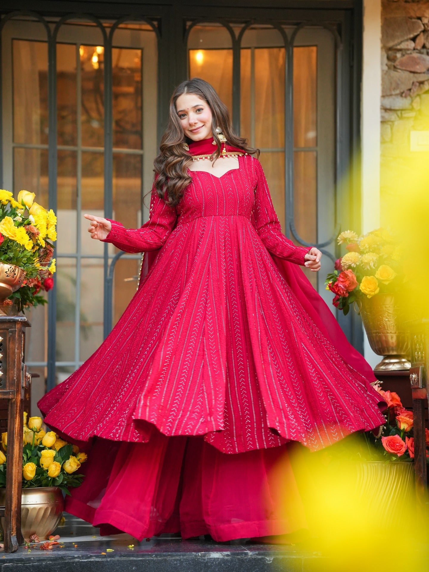 Royal Ruby Red Embroidered Anarkali Set