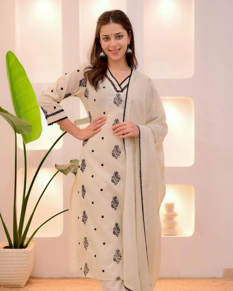 Classic Cream & Black Embroidered Straight-Cut Suit Set