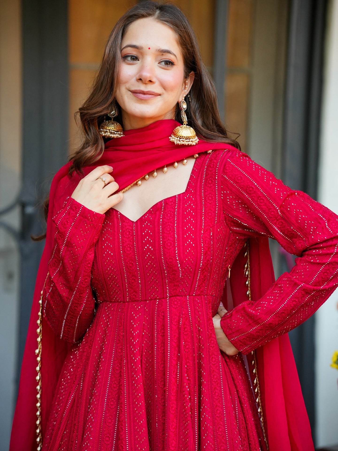 Royal Ruby Red Embroidered Anarkali Set