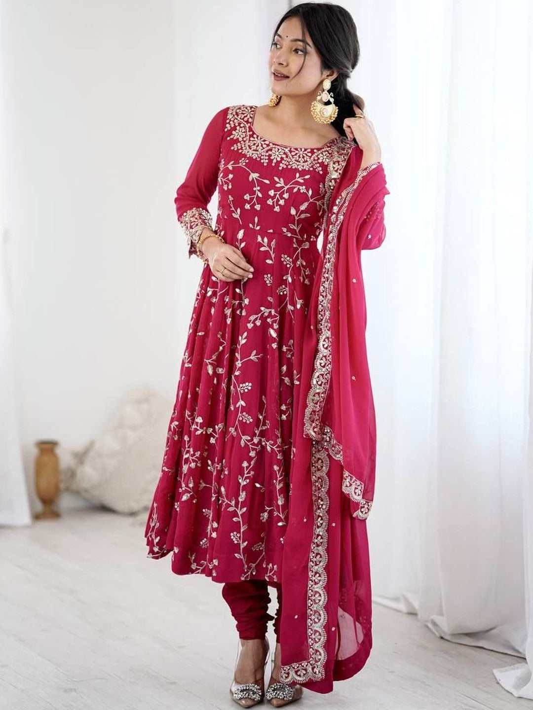 Ethnic Floral Print & Embroidery Anarkali Suit