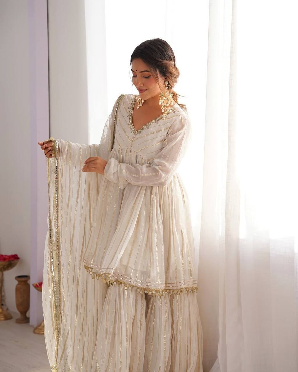 Festive Wear Gold-Stripe Kurta Sharara Set