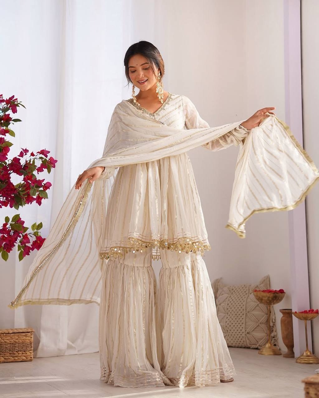 Festive Wear Gold-Stripe Kurta Sharara Set