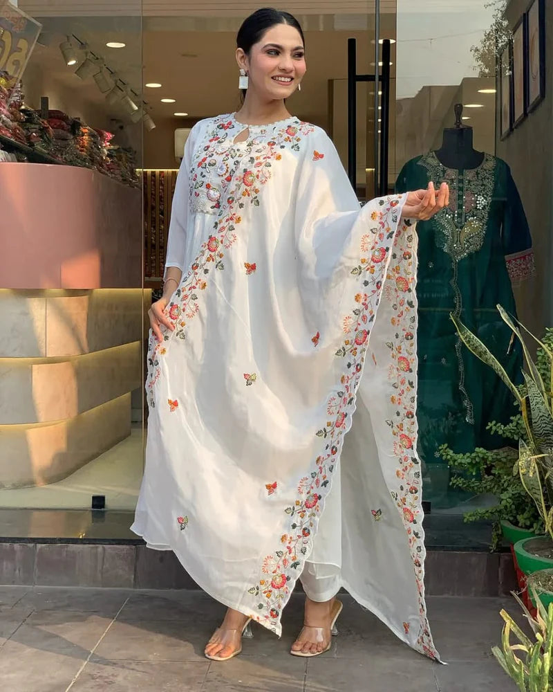 Elegant Embroidered White Anarkali Kurta Set