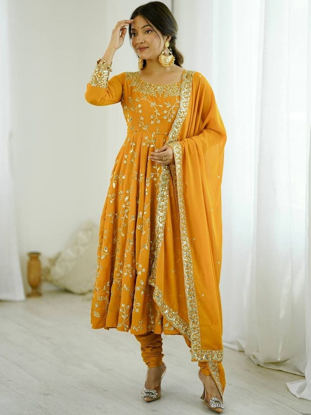 Ethnic Floral Print & Embroidery Anarkali Suit